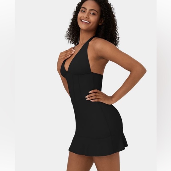 Halara Mini Dress Corset Deep V Halter Tie Backless Ruffle Tier Hem Black XL NWT - Picture 3 of 6